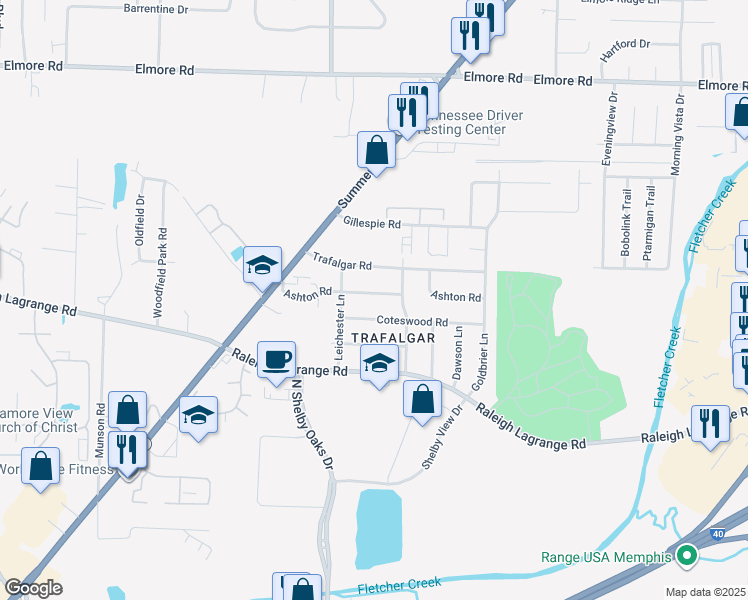 map of restaurants, bars, coffee shops, grocery stores, and more near 6305 Ashton Road in Memphis