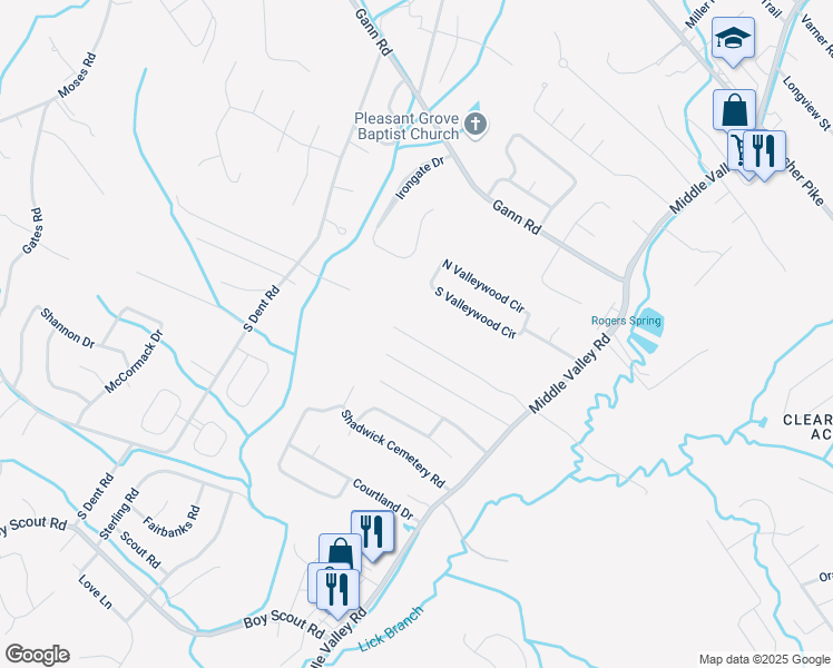 map of restaurants, bars, coffee shops, grocery stores, and more near 1365 Meadowood Drive in Middle Valley