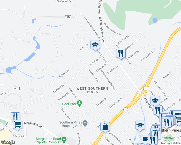 map of restaurants, bars, coffee shops, grocery stores, and more near 1130 West Indiana Avenue in Southern Pines