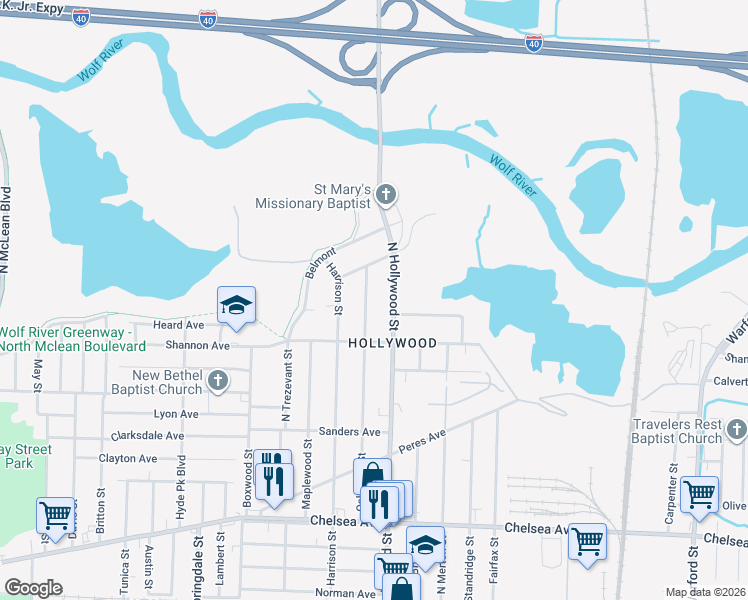 map of restaurants, bars, coffee shops, grocery stores, and more near 1696 Oakwood Street in Memphis