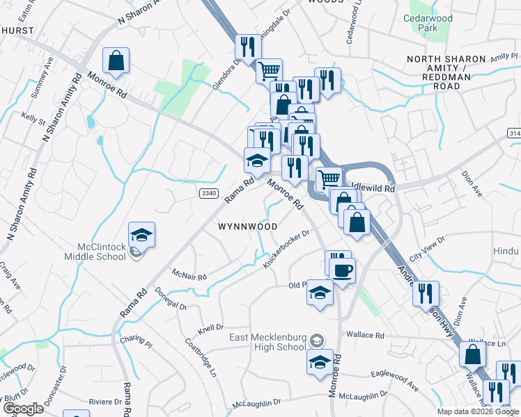 map of restaurants, bars, coffee shops, grocery stores, and more near 6236 Bainbridge Road in Charlotte