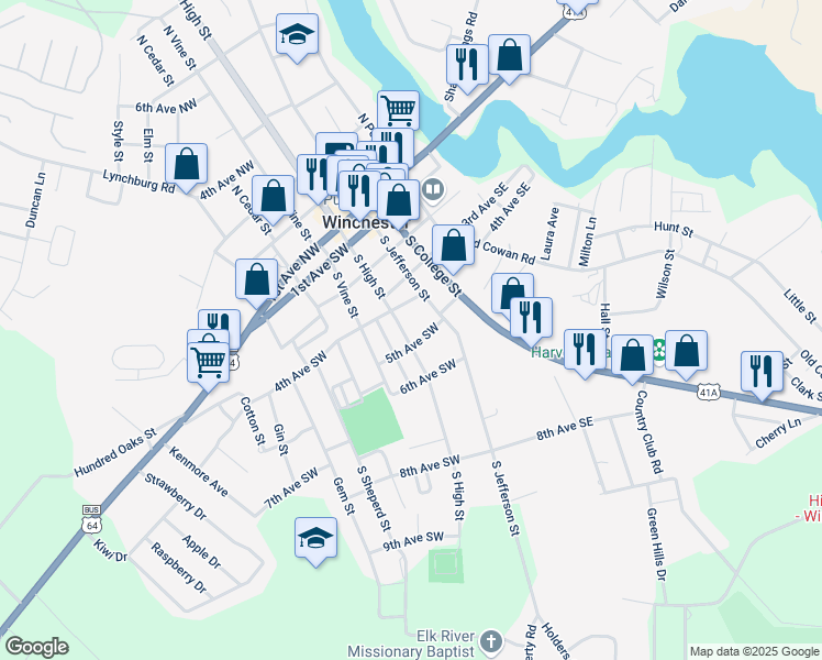 map of restaurants, bars, coffee shops, grocery stores, and more near 411 South High Street in Winchester