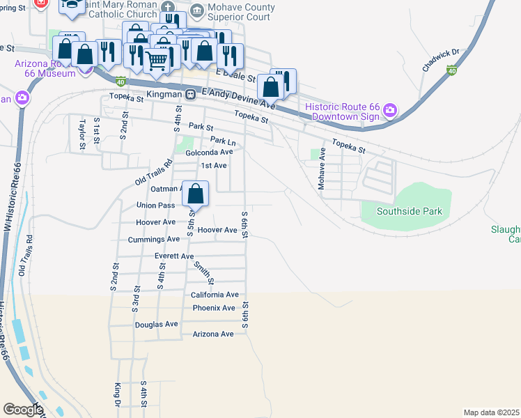 map of restaurants, bars, coffee shops, grocery stores, and more near 616 S 4th St in Kingman