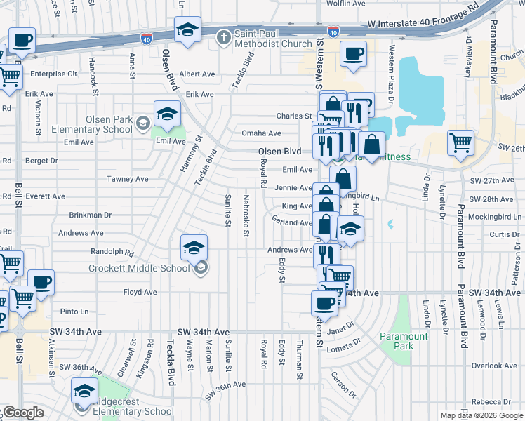 map of restaurants, bars, coffee shops, grocery stores, and more near 2710 Royal Road in Amarillo