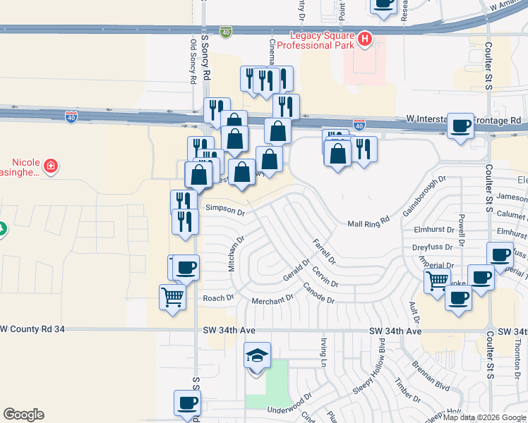 map of restaurants, bars, coffee shops, grocery stores, and more near 7915 Simpson Drive in Amarillo