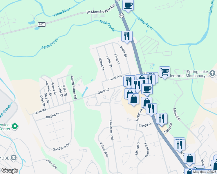 map of restaurants, bars, coffee shops, grocery stores, and more near 256-298 Odell Rd in Spring Lake