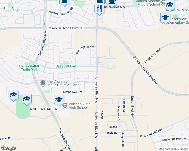 map of restaurants, bars, coffee shops, grocery stores, and more near 8924 Mission Ridge Drive in Albuquerque
