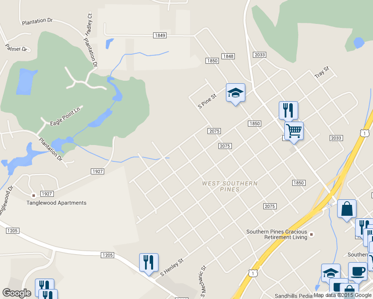 map of restaurants, bars, coffee shops, grocery stores, and more near 1275 West Wisconsin Avenue in Southern Pines