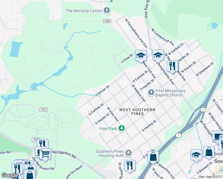 map of restaurants, bars, coffee shops, grocery stores, and more near 1275 West Wisconsin Avenue in Southern Pines