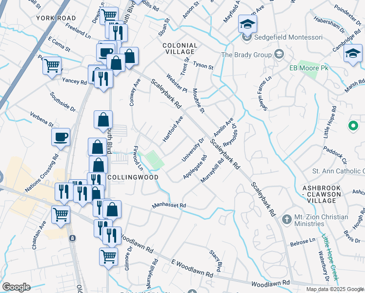 map of restaurants, bars, coffee shops, grocery stores, and more near 4319 Collingwood Drive in Charlotte
