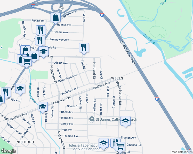 map of restaurants, bars, coffee shops, grocery stores, and more near 1856 Hartland Street in Memphis