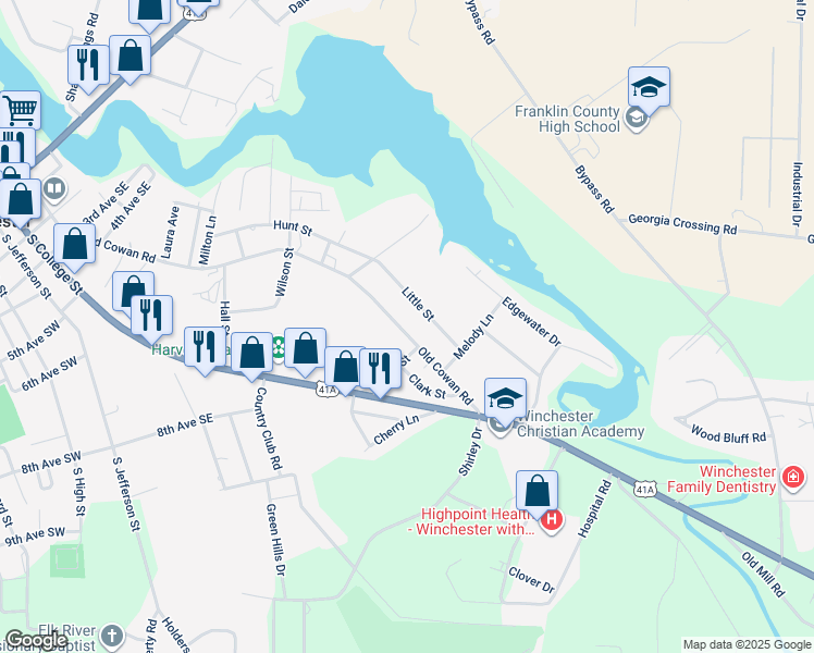 map of restaurants, bars, coffee shops, grocery stores, and more near 1309 Old Cowan Road in Winchester