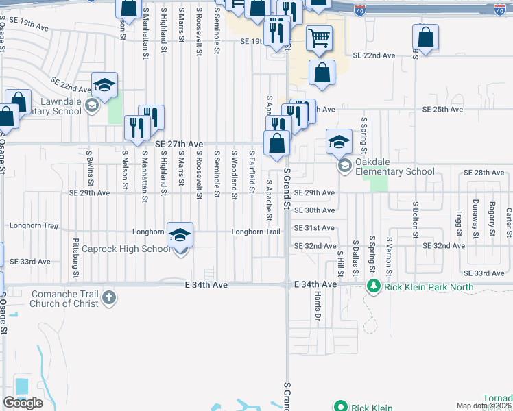 map of restaurants, bars, coffee shops, grocery stores, and more near 2907 South Fairfield Street in Amarillo