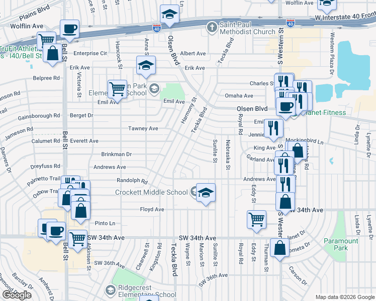map of restaurants, bars, coffee shops, grocery stores, and more near 2809 Teckla Boulevard in Amarillo