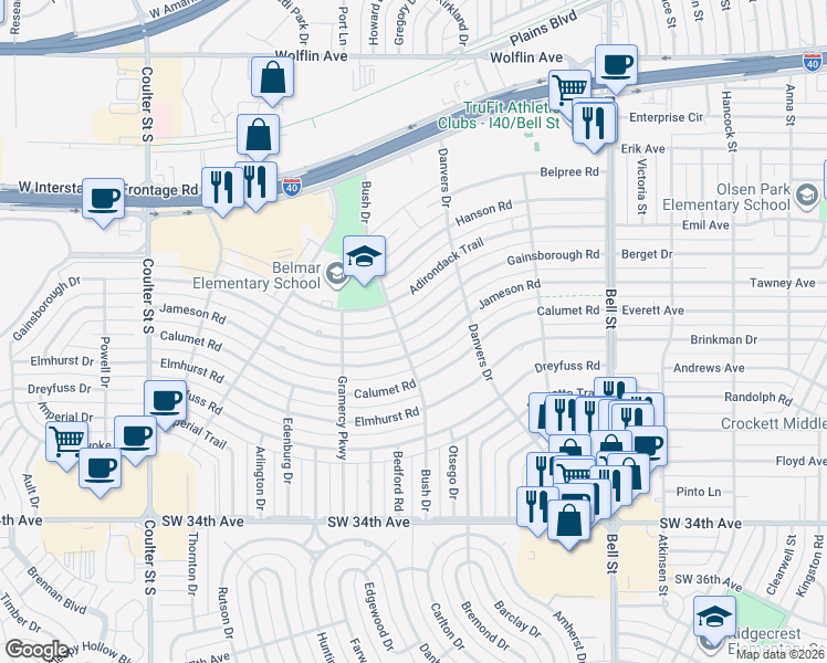 map of restaurants, bars, coffee shops, grocery stores, and more near 6215 Gainsborough Road in Amarillo