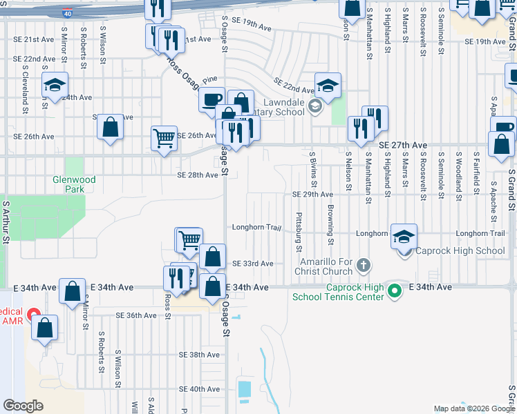map of restaurants, bars, coffee shops, grocery stores, and more near 2907 Detroit Street in Amarillo