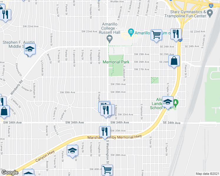 map of restaurants, bars, coffee shops, grocery stores, and more near 2905 S Washington St in Amarillo