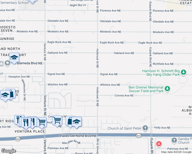 map of restaurants, bars, coffee shops, grocery stores, and more near 9600 Signal Avenue Northeast in Albuquerque