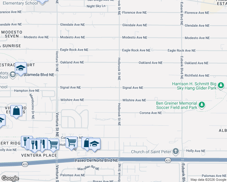 map of restaurants, bars, coffee shops, grocery stores, and more near 9510 Signal Avenue Northeast in Albuquerque