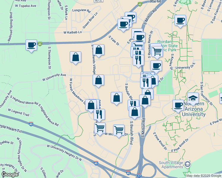 map of restaurants, bars, coffee shops, grocery stores, and more near 923 West University Avenue in Flagstaff