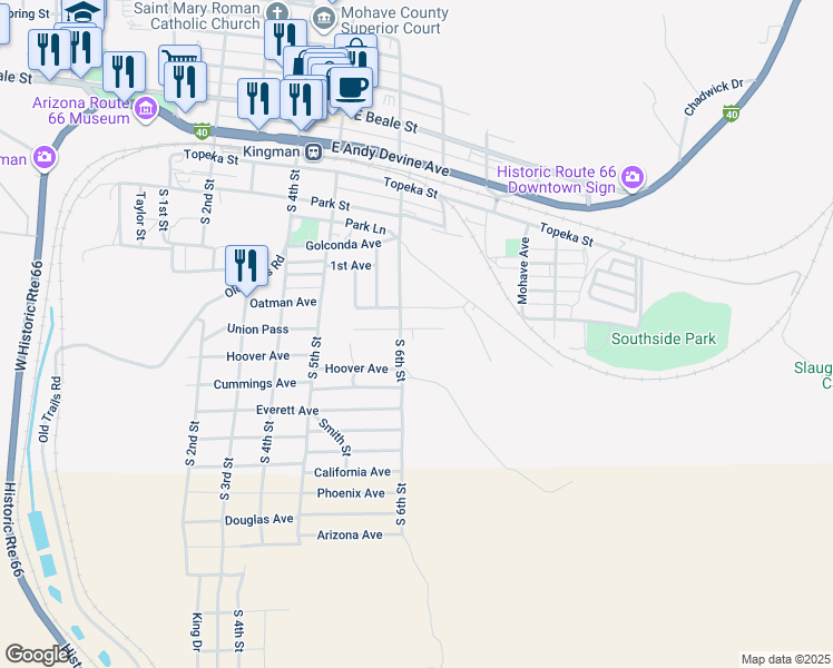 map of restaurants, bars, coffee shops, grocery stores, and more near 616 S 4th St in Kingman