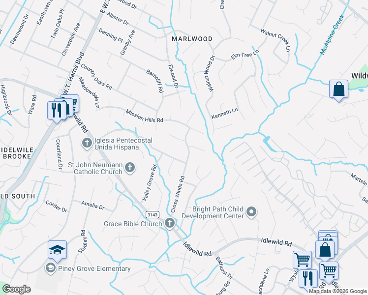 map of restaurants, bars, coffee shops, grocery stores, and more near 3601 Cross Winds Road in Charlotte