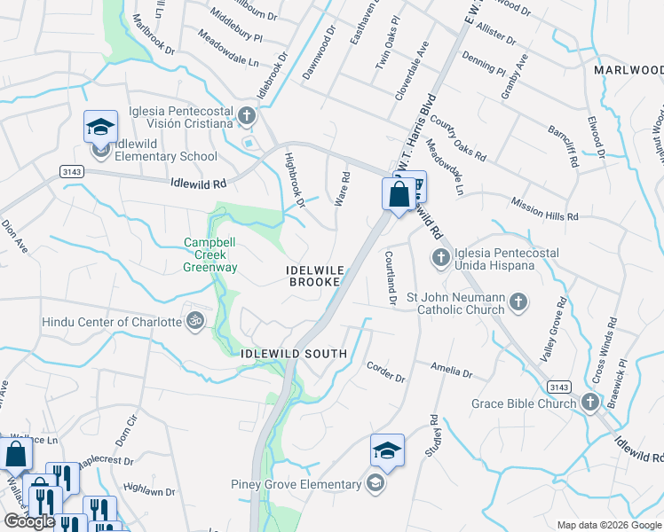 map of restaurants, bars, coffee shops, grocery stores, and more near 7001 Ware Road in Charlotte