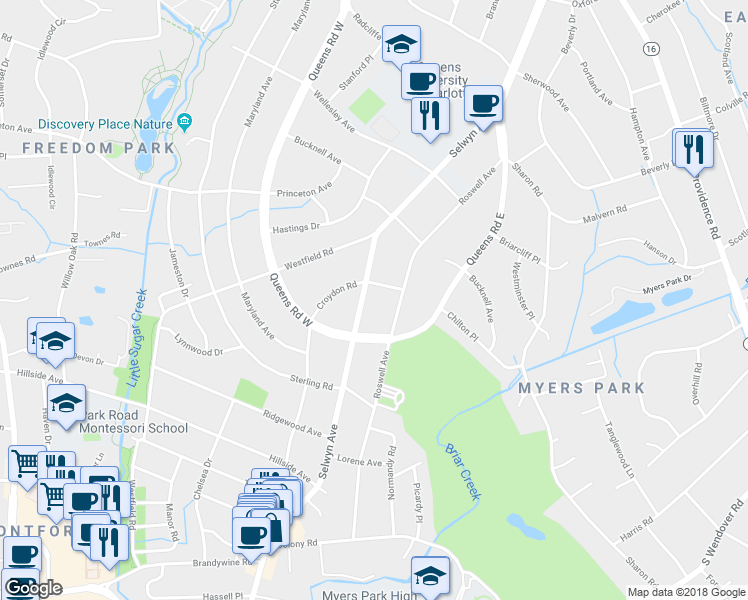 map of restaurants, bars, coffee shops, grocery stores, and more near 2310 Roswell Avenue in Charlotte