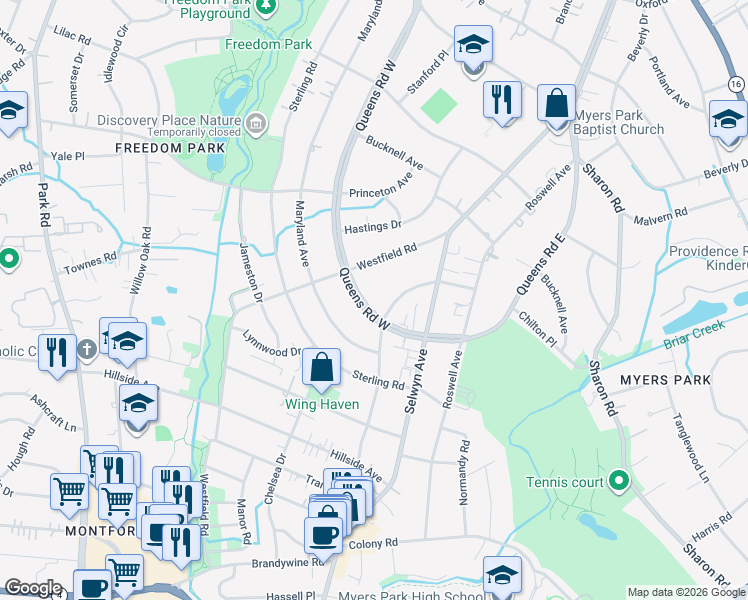 map of restaurants, bars, coffee shops, grocery stores, and more near in Charlotte