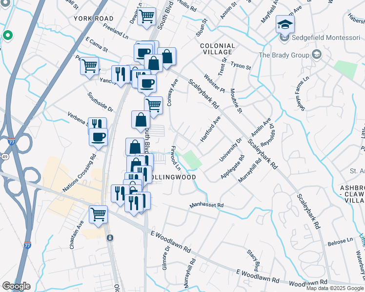 map of restaurants, bars, coffee shops, grocery stores, and more near 4135 Firwood Lane in Charlotte