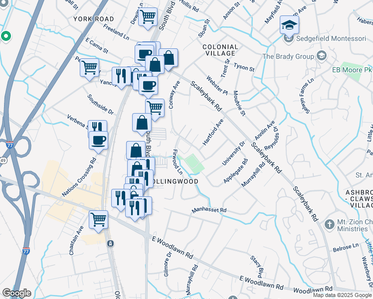 map of restaurants, bars, coffee shops, grocery stores, and more near 4130 Conway Avenue in Charlotte