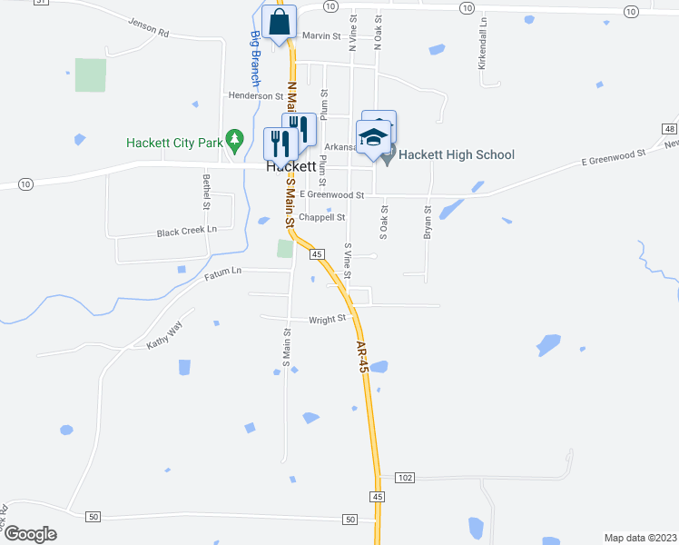 map of restaurants, bars, coffee shops, grocery stores, and more near 418 State Highway 45 in Hackett