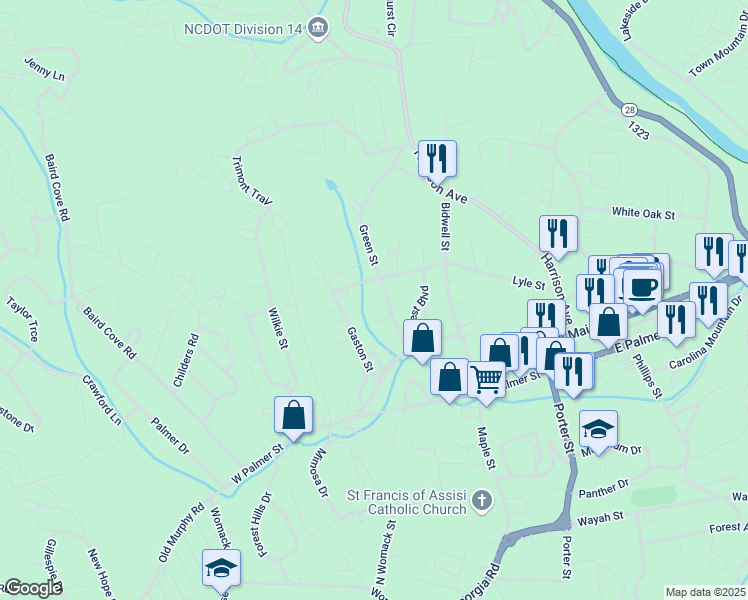 map of restaurants, bars, coffee shops, grocery stores, and more near 484 Lyle Street in Franklin