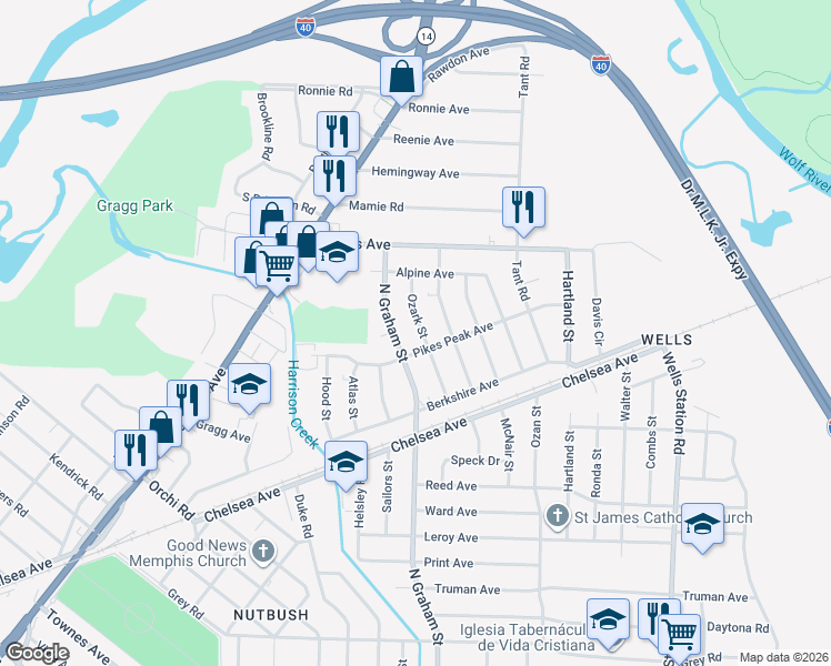 map of restaurants, bars, coffee shops, grocery stores, and more near 1855 Ozark Street in Memphis