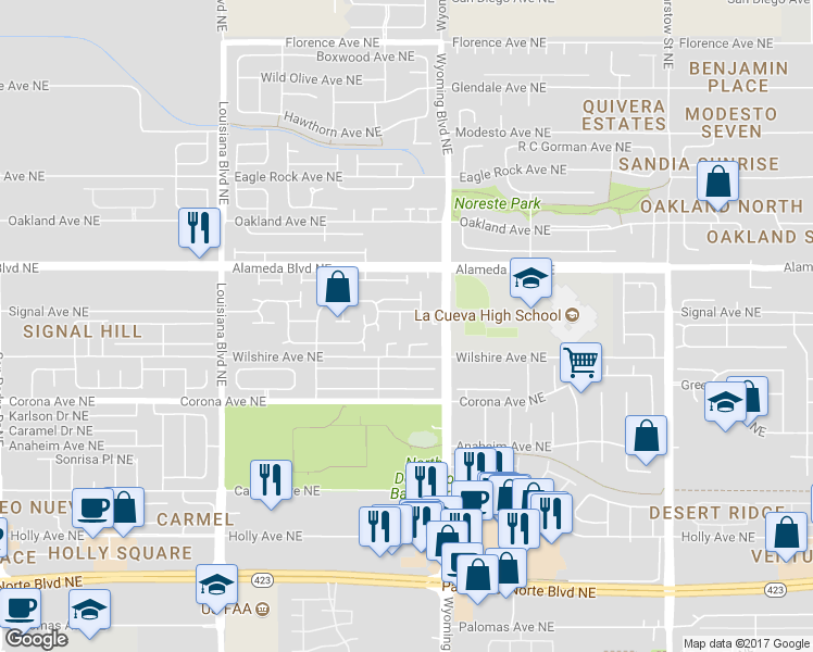 map of restaurants, bars, coffee shops, grocery stores, and more near 8632 Desert Dusk Court Northwest in Albuquerque