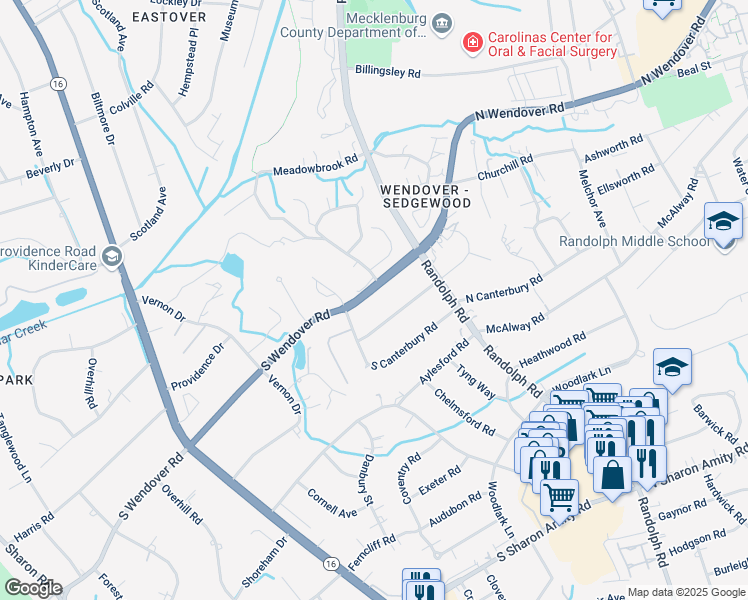 map of restaurants, bars, coffee shops, grocery stores, and more near 1211 South Wendover Road in Charlotte