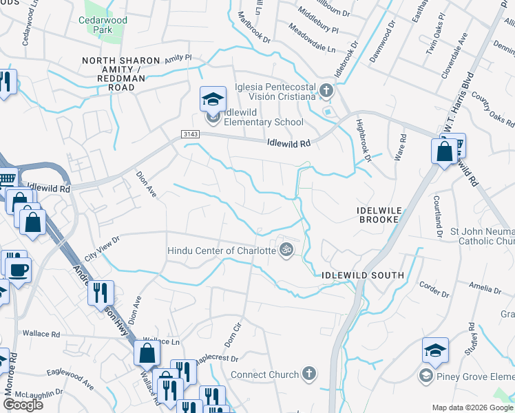 map of restaurants, bars, coffee shops, grocery stores, and more near 7207 Rockwood Forest Lane in Charlotte