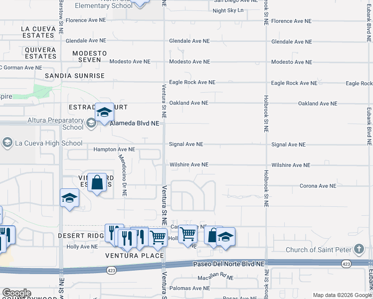 map of restaurants, bars, coffee shops, grocery stores, and more near 9174 Signal Avenue Northeast in Albuquerque