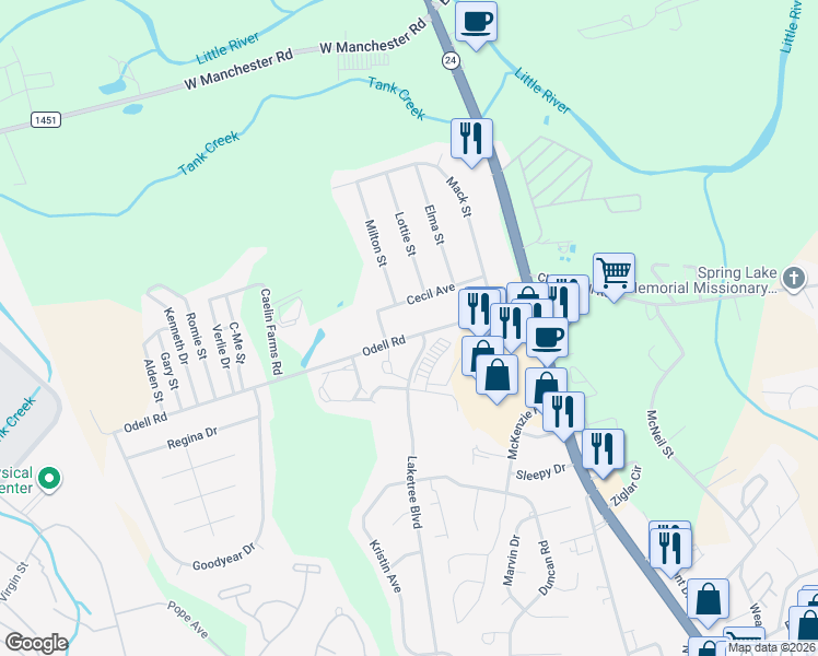 map of restaurants, bars, coffee shops, grocery stores, and more near 256-298 Odell Rd in Spring Lake