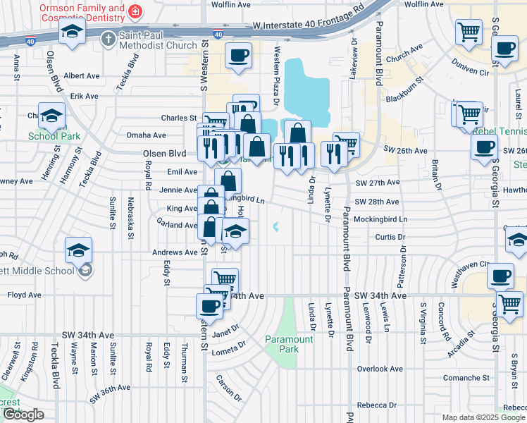 map of restaurants, bars, coffee shops, grocery stores, and more near 3111 Janet Drive in Amarillo