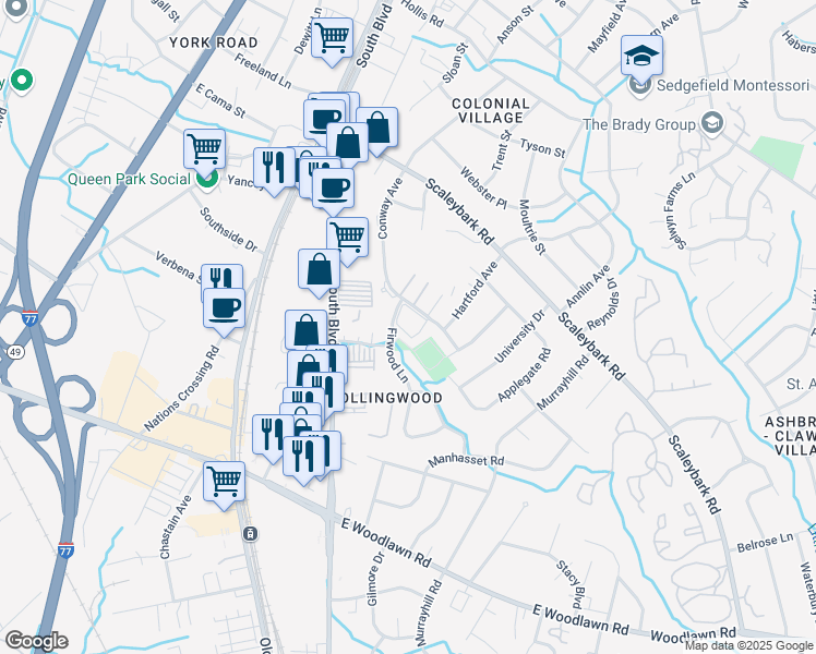 map of restaurants, bars, coffee shops, grocery stores, and more near 4129 Firwood Lane in Charlotte