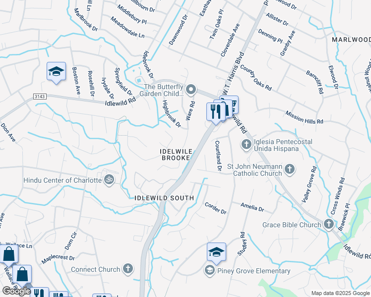 map of restaurants, bars, coffee shops, grocery stores, and more near 7001 Ware Road in Charlotte
