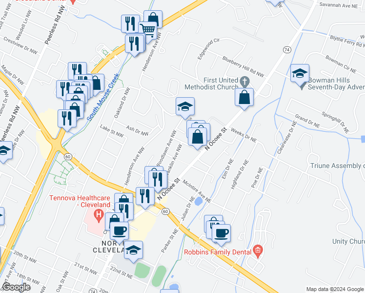 map of restaurants, bars, coffee shops, grocery stores, and more near 2912 Franklin Avenue Northwest in Cleveland