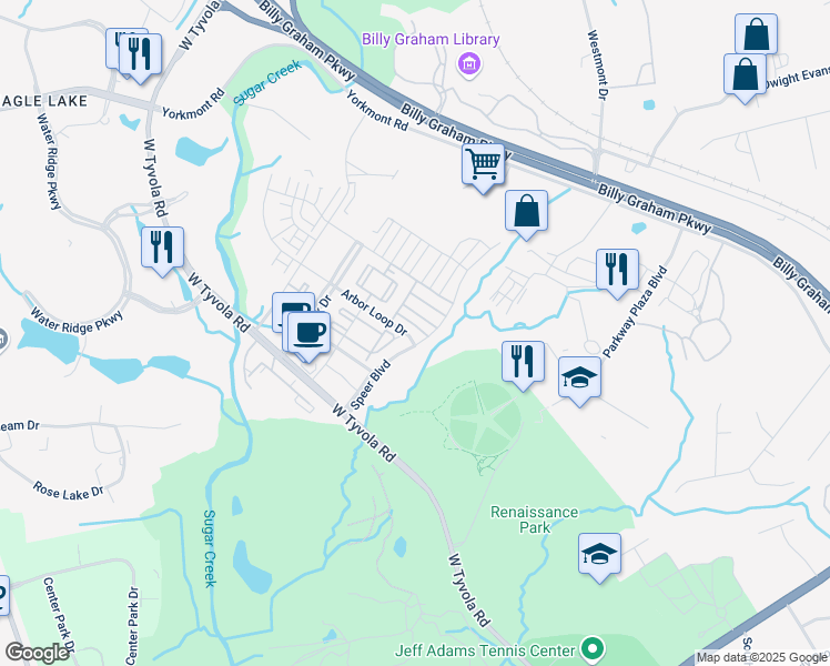 map of restaurants, bars, coffee shops, grocery stores, and more near 2112 Arbor Loop Drive in Charlotte
