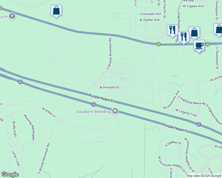 map of restaurants, bars, coffee shops, grocery stores, and more near 2892 West Presidio Drive in Flagstaff