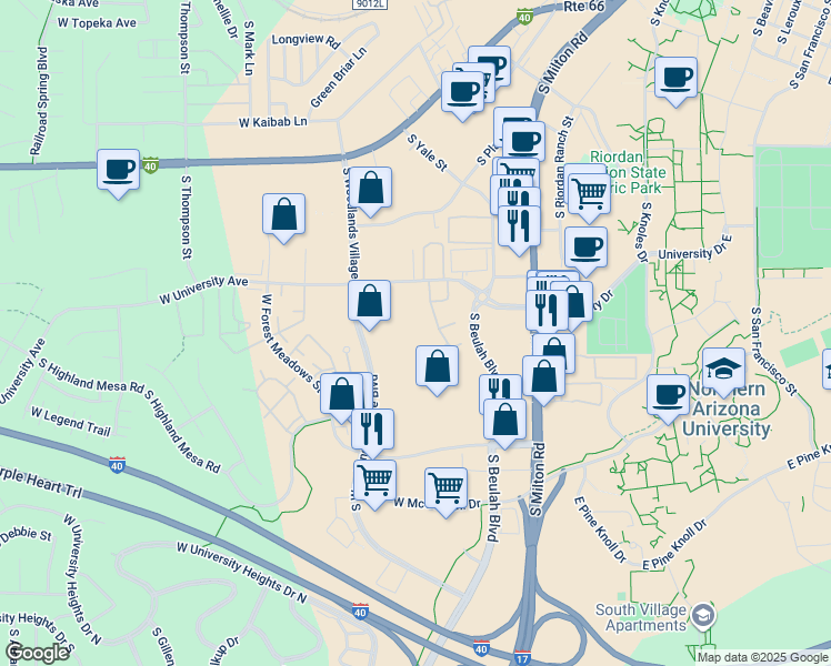 map of restaurants, bars, coffee shops, grocery stores, and more near 923 West University Avenue in Flagstaff