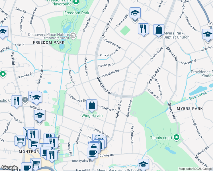 map of restaurants, bars, coffee shops, grocery stores, and more near in Charlotte