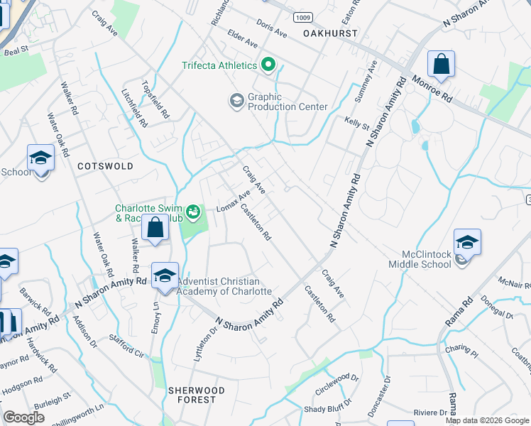 map of restaurants, bars, coffee shops, grocery stores, and more near 3538 Saker Lane in Charlotte