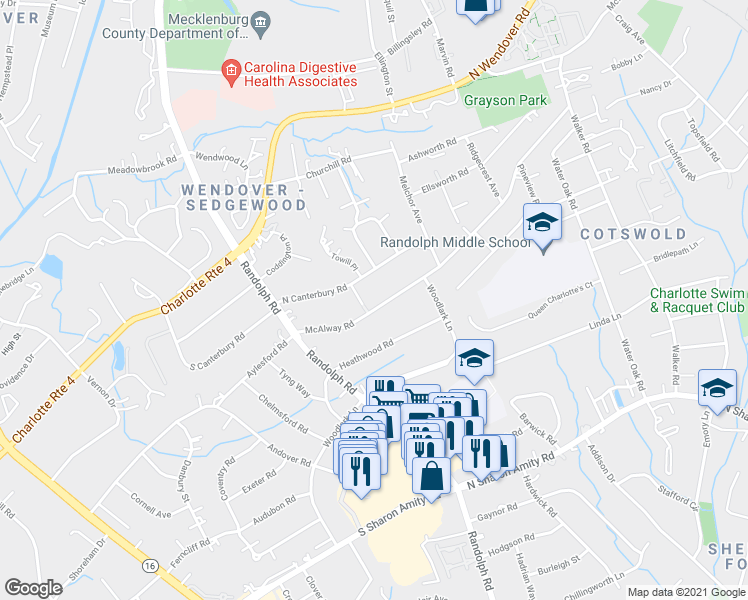map of restaurants, bars, coffee shops, grocery stores, and more near 211 McAlway Rd in Charlotte