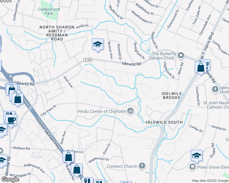 map of restaurants, bars, coffee shops, grocery stores, and more near 7207 Rockwood Forest Lane in Charlotte